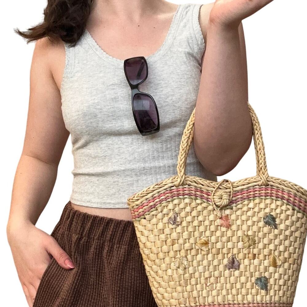 Vintage Straw Cottagecore Handle Purse Basket Bag Pink Gingham Floral